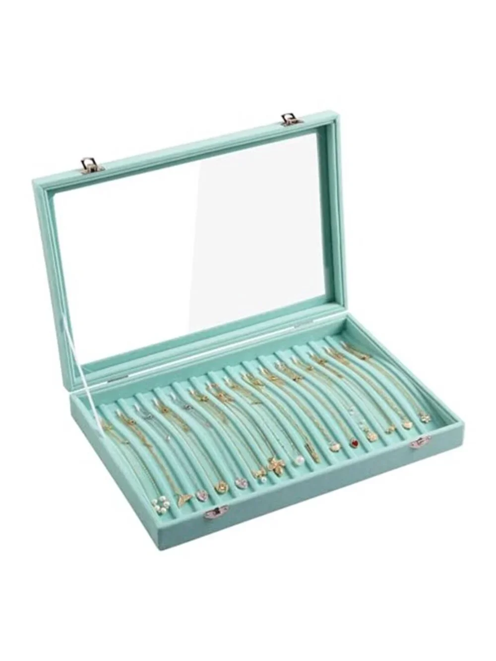 15 Hooks Necklace Organizer,Velvet Necklace Holder Tray with Lid | Jewelry Box